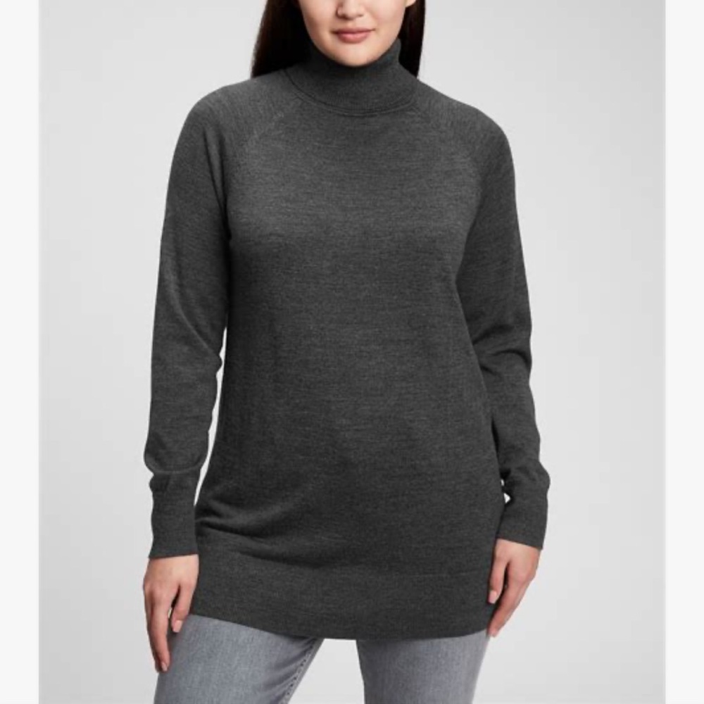 GAP Merino Turtleneck Tunic Sweater Heather Charcoal Longline 2021-Medium